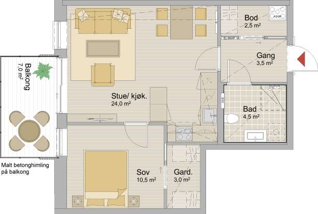 2-roms leilighet på 50 kvm BRA